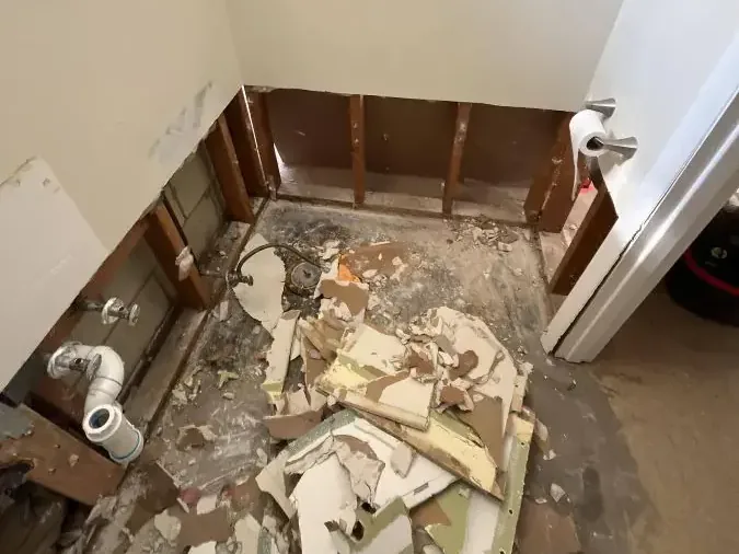 Bathroom opened down to the studs after a sewage backup cleanup