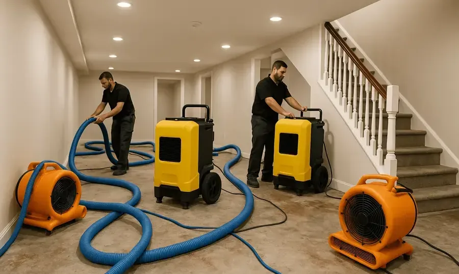 Two restoration technicians setting up air movers, dehumidifiers and extraction hoses inside a home