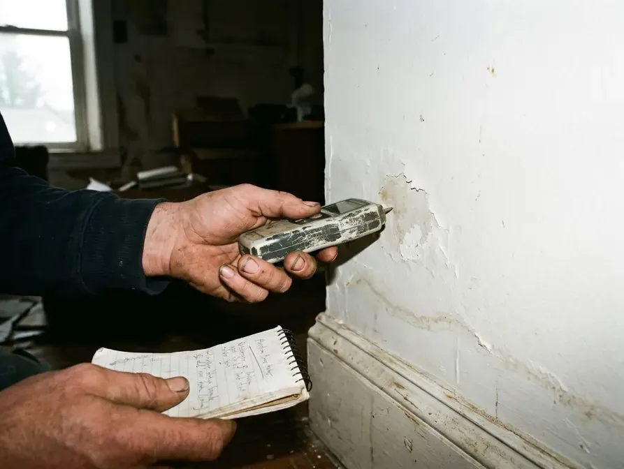 Moisture meter reading a stained wall during a structural dry-out