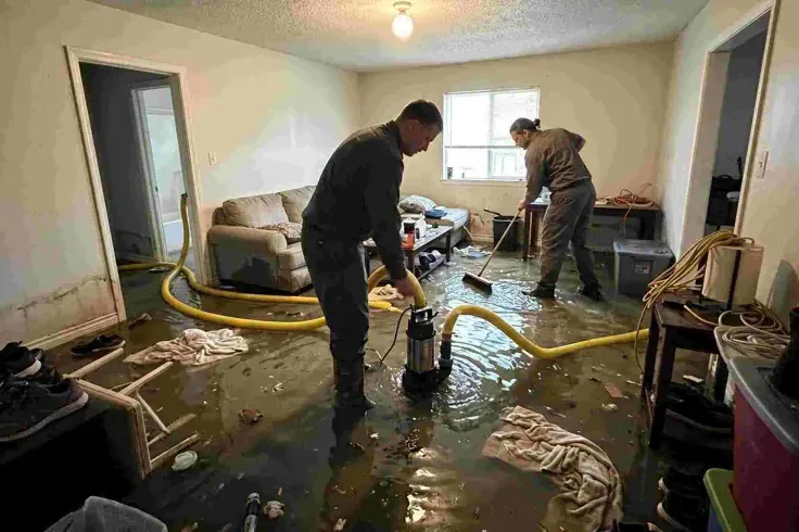 Workers running a pump in a living room flooded with water