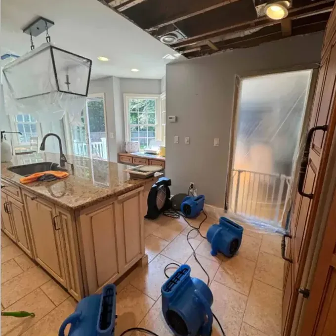Wet laminate floor lifting near a garage entry after pond overflow