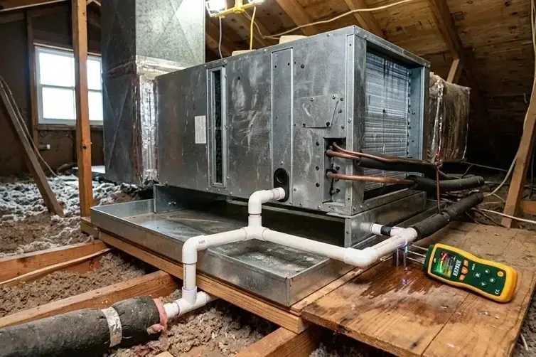 Attic air handler over a wet condensate pan with a moisture stain below