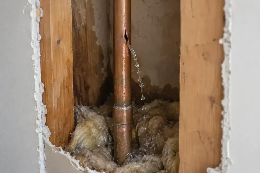 Water spraying from a copper supply pipe inside an opened wall