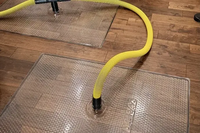 Floor drying mats and hoses pulling water out of wet wood planks