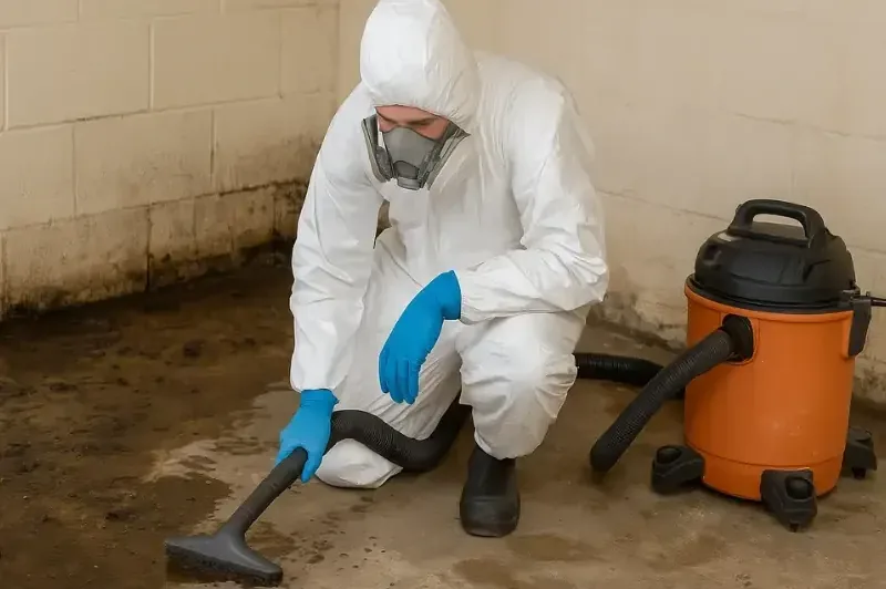 Technician in a protective suit and respirator vacuuming sewage water